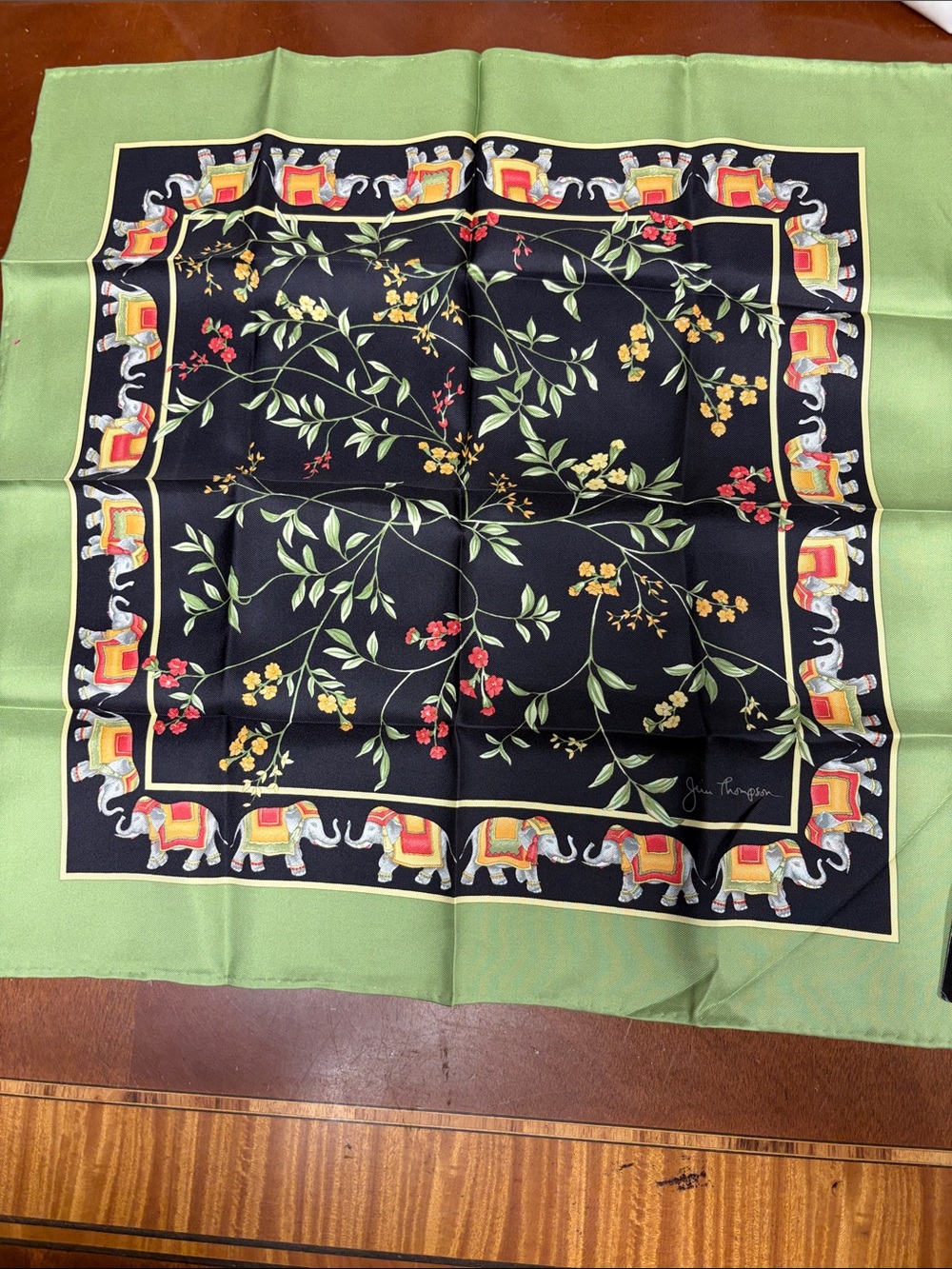 Vintage Jim Thompson Green and Black Floral Scarf with Elephant Border
